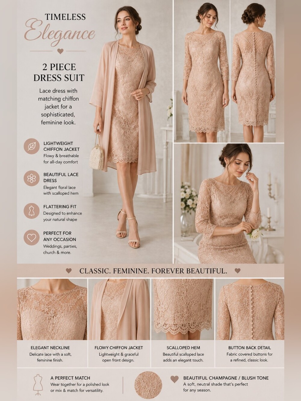 NWT Women's Size 16 Champagne Blush Lace Dress with Chiffon Jacket -  Formal